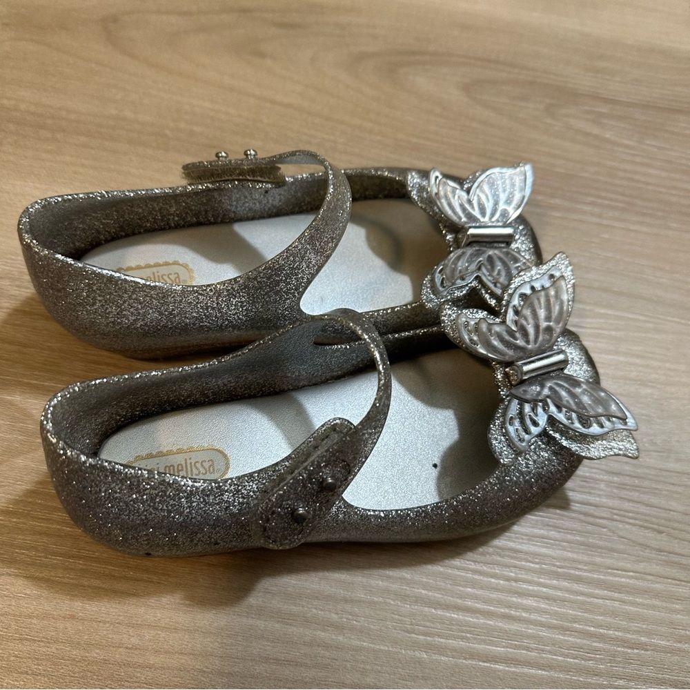 Mini Melissa Ultragirl Butterfly Kids 6.5 Silver Glitter Mary Jane Flats NEW